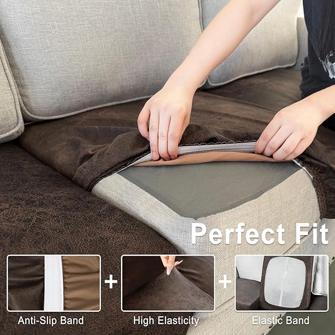 Leather Look Couch Cushion Covers Sofa Seat Slipcovers Sets Couches Furniture Protector for Sectional Armchair Loveseat Pets Kids Stretch Spandex Fabric (3 Cushion XL Sofa, Brown)