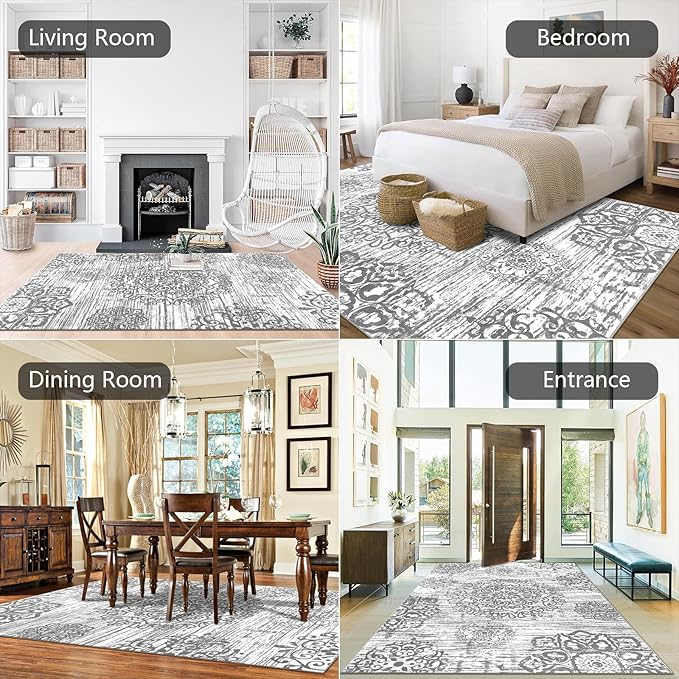 HEBE Washable Area Rug - 9'x12' Non Slip Soft Distressed Medallion Bedroom & Living Room Accent Throw Vintage Entry Floor Carpet for Dining Room & Bathroom