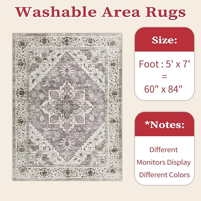 SERISSA 5x7 Boho Area Rug, Washable Large Rugs for Living Room, Ultra Soft Non-Slip Bedroom Rug Print Distressed Vintage Farmhouse Carpet Earth Tone Rug for Dining Room Office Home Decor