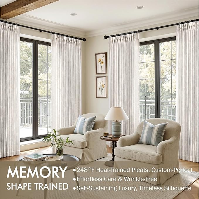 MIULEE Extra Wide 60 Inch Width Pinch Pleated Thick Linen Curtains 96 Inches Long 2 Panels for Patio Sliding Glass Door Living Room Bedroom Large Windows, Memory Trained Nautral Drapes Hooks&Rings