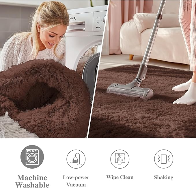OLANLY Coffee Round Rugs for Bedroom - Machine Washable, 7 ft Circle Area Rugs for Living Room, Soft and Fluffy Shaggy Carpet for Teen Girls and Boys, Nursery Rooms, Dorms, Home Decor Aesthetic