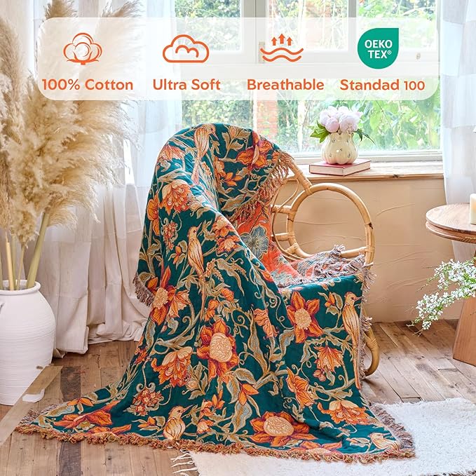 MSGKV Boho Throw Blanket for Bed Twin Size 100% Cotton Floral Bird Blanket 60"x80" Sofa Couch Blankets Muslin Spring Breathable Lightweight Farmhouse Blankets Boho Home Decor All Seasons