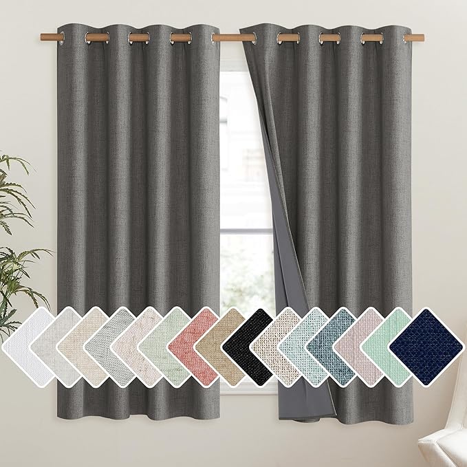 NICETOWN Grizzle Gray Vintage Linen 100% Blackout Curtains for Living Room, Thermal Insulated Curtains 63" Long, Noise Reducing Window Treatment Drapes for Hall Room, 52" Wide Per Panel, Set of 2