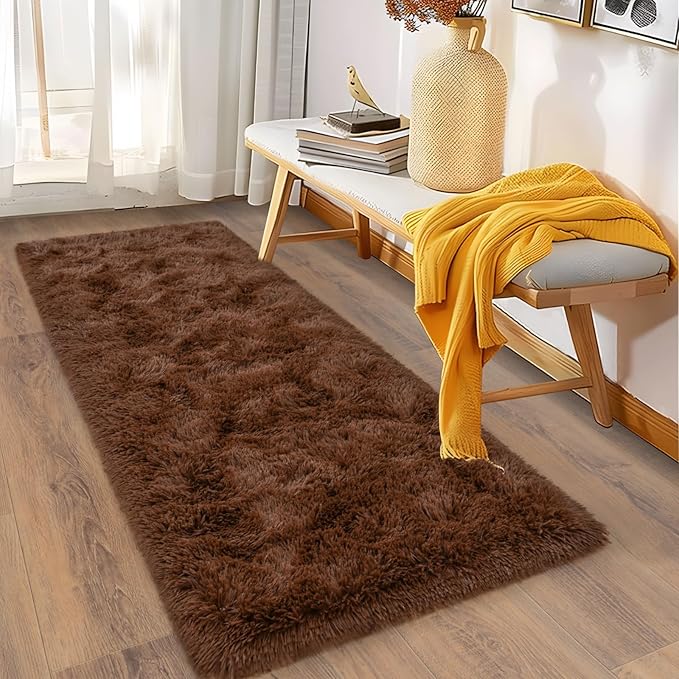Soft Runner Rugs for Bedroom Hallways, 2x5 Brown Fluffy Shag Throw Area Rug Non Slip for Bedside Dorm, Long Shaggy Furry Carpet for Nursery Living Room