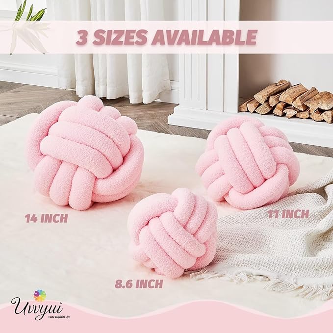 Uvvyui Knot Pillow Ball, Soft Home Decorative Pillows, Round Throw Pillow, Handmade Knotted Plush Pillow, Round Boucle Pillow Cushion (8.6 Inches Pink)