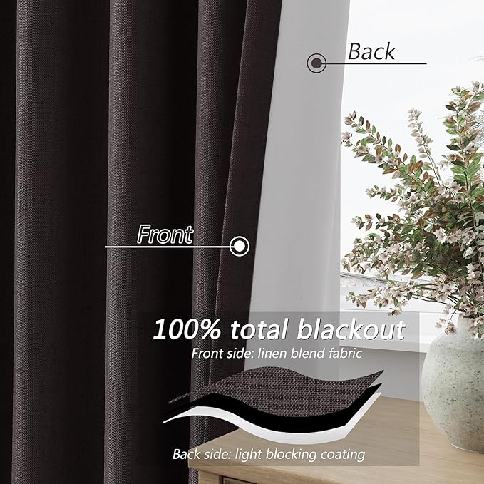 Guken 100% Blackout Curtains 84 Inch Length 2 Panels Set for Living Room Bedroom Back Tab Thermal Insulated Black Out Linen Drapes Room Darkening Cocoa Coffee,52x84