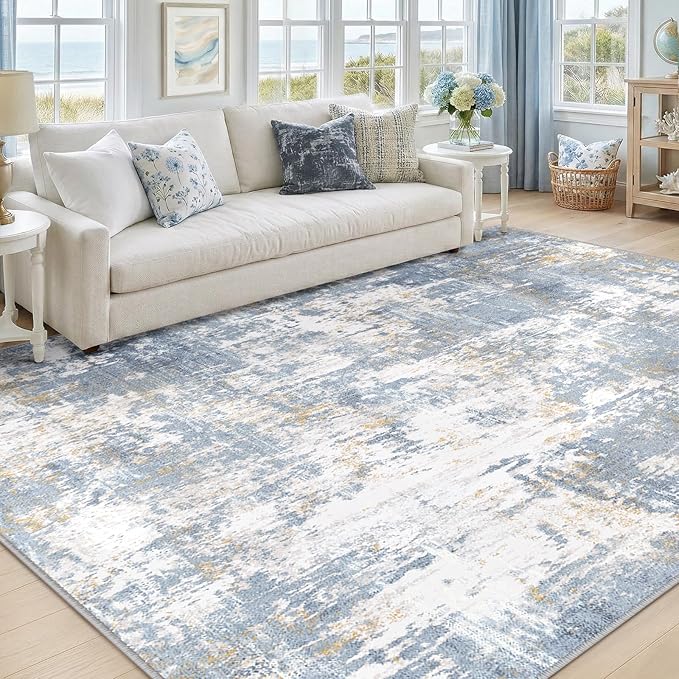 Washable Area Rugs 8'x10' Non-Slip Modern Abstract Soft for Living Room Entryway Bedroom Nursery, Print Pattern, Light Blue