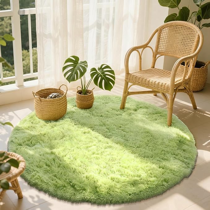 OLANLY Grass Green Round Rugs for Bedroom - Machine Washable, 4 ft Circle Area Rugs for Living Room, Soft and Fluffy Shaggy Carpet for Teen Girls and Boys, Nursery Rooms, Dorms, Home Decor Aesthetic