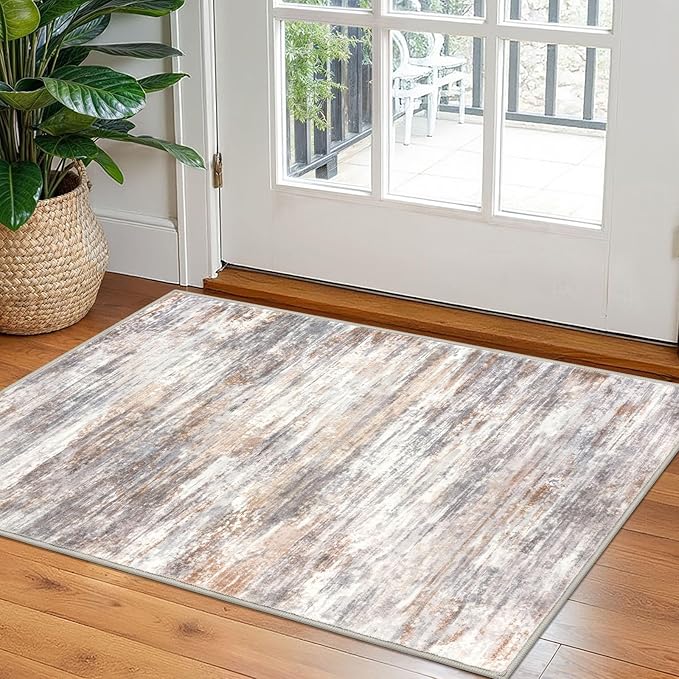 KOZYFLY Modern Abstract Small Area Rugs 2x3, Washable Kitchen Rug Non-Slip Soft Small Bathroom Rug, Multi Grey/Orange Striped Entryway Rugs Print Faux Wool Doormat