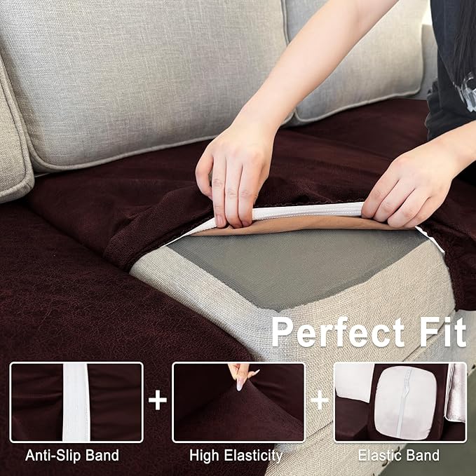 Leather Look Couch Cushion Covers Sofa Seat Slipcovers Sets Couches Furniture Protector for Sectional Armchair Loveseat Pets Kids Stretch Spandex Fabric (2 Cushion Loveseat, Burgundy)