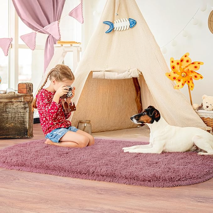 Pionblank Fluffy Oval Area Rug for Bedroom 3.3x6.2 Feet, Cute Plush Throw Rugs for Bedside, Ultra Soft Shag Carpet for Living Room Kids Room Nursery Teens Dorm Home Decor, Blush