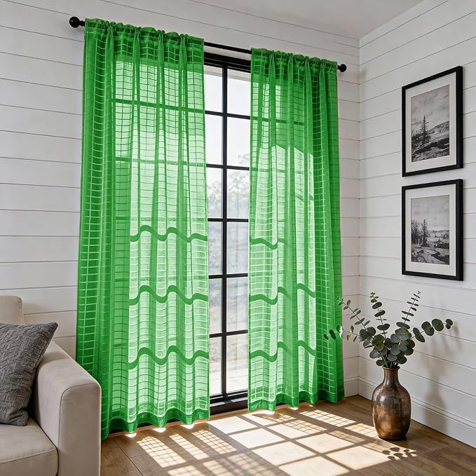 SpaceDresser Check Sheer Curtains 54 Inches 2 Panels Set, Rod Pocket Plaid Window Curtain for Living Room, Green Semi Sheer Drapes for Kitchen Bedroom Children Room Yard（Green, 52W x 54L）