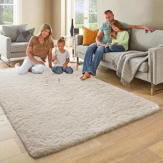 Ophanie 7x10 Area Rugs for Living Room, Upgrade Non-Slip Fluffy Soft Large Shag Bedroom Carpet, Ivory Big Indoor Thick Nursery Rug, Carpets for Boy and Girls Room Dorm Home Decor Aesthetic