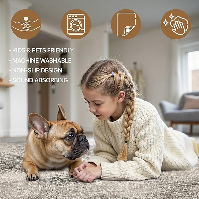 Area Rugs 8x10 for Living Room Bedroom, Modern Abstract Machine Washable Rug, Large Soft Low Pile Floor Carpet with Non Slip Backing for Dining Room, Grey