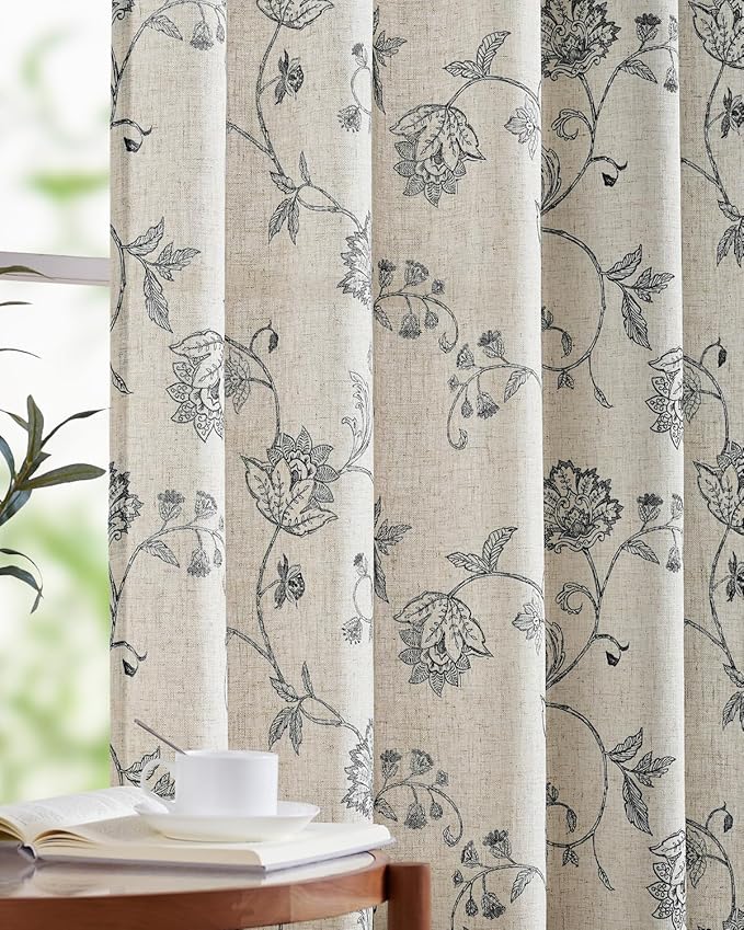 Jinchan Linen Floral Curtains 63 Inch Length for Living Room & Bedroom - Light Filtering Rod Pocket Back Tab Jacobean Curtains Flax Linen Texture Window Drapes Set 2 Panels Black on Linen