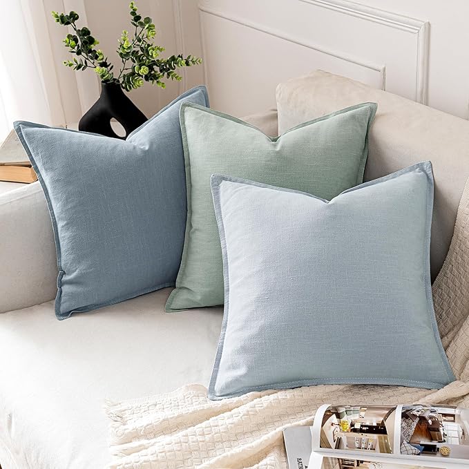 MIULEE Decorative Linen Euro Sham Pillow Covers 22x22 Inch Aqua Green Boho Farmhouse Neutral Spring Couch Throw Pillows for Bed Pack of 2 Accent Modern Pillowcase Summer Sofa Livingroom Home Decor