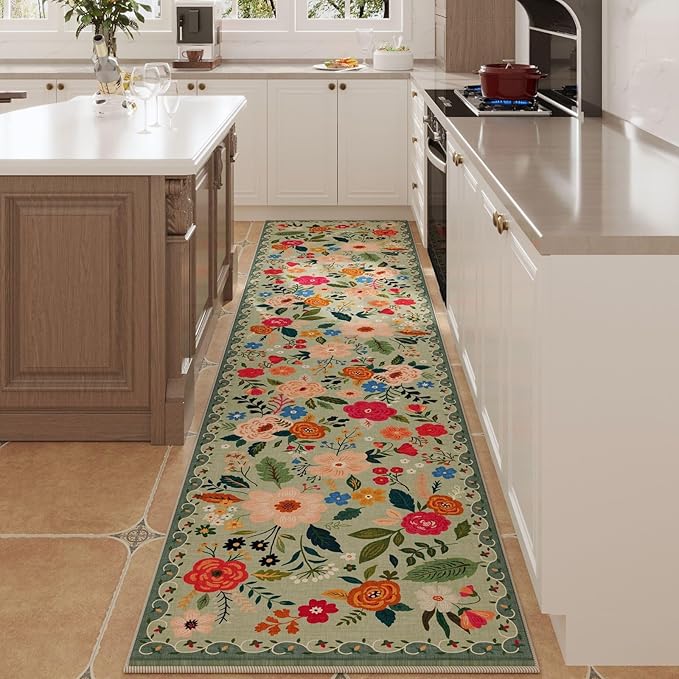 Rugcomf Washable Kitchen Runner 2'7"x12' - Floral Long Hallway Runner Rug Non Slip, Boho Carpet for Entryway, Hall, Bathroom - Green