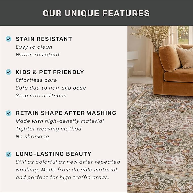Washable Dining Room Rugs for Under Table - 7x9 Moss Green Oriental Area Rug for Living Room, Low Pile Non-Slip Floor Carpet for Bedroom Under Bed - Vintage Brown Neutral Design & Stain Resistance