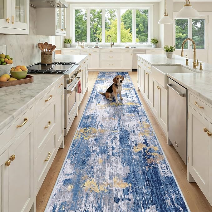 Washable Area Rugs 3x12 Non-Slip Modern Abstract Soft for Living Room Entryway Bedroom Nursery, Print Pattern, Grey Blue Gold/Golden