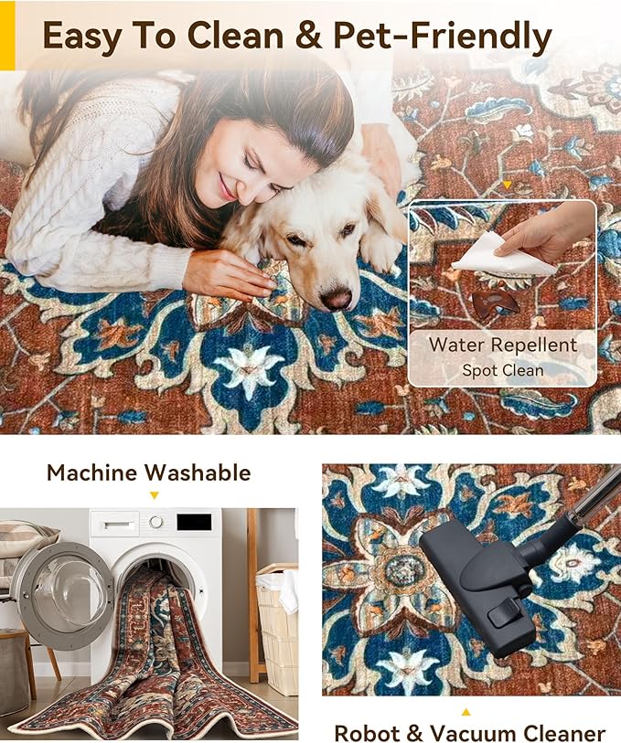 Area Rugs 8'x10' Washable Non-Slip, Floral Vintage Distress Print Pattern Medallion Carpet for Living Room Bedroom Dining Room, Red Orange Blue Brown