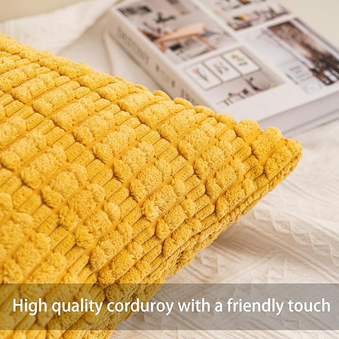 Pack of 2 Corduroy Decorative Throw Pillow Covers 24x24 InchSoft Striped Pillow Covers Modern Farmhouse Home Decor for Sofa Living Room Couch Bed（Yellow）