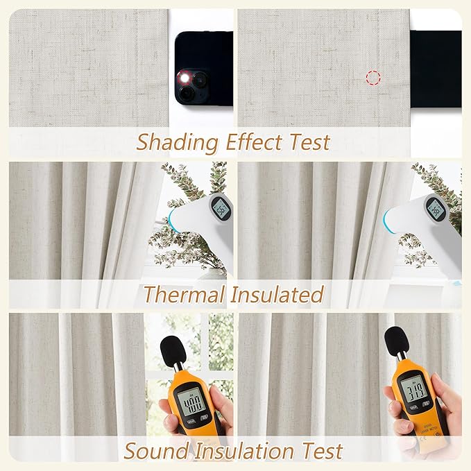 Guken 63 Inch Long Boho Blackout Curtains 100% Black Out Linen Curtain 2 Panels Set, Thermal Insulated Country Window Drapes for Living Room Bedroom Room Darkening Back Tab Rod Pocket, 52x63