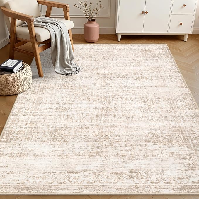 5x7 Area Rugs Living Room Rug: Washable Vintage Boho Rug No Slip Stain Resistant Soft Carpet Indoor Floor Floral Large Carpets for Bedroom Dining Room Farmhouse Nursery Hallway Home Office Beige