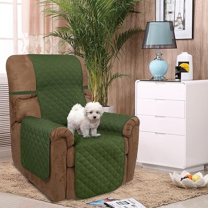 U-NICE HOME Recliner Chair Covers Reversible Chair Cover Pet Covers for Dogs with Elastic Straps Water Resistant Diamond Quilted (28''Recliner Oversized, Huntergreen/Sage)