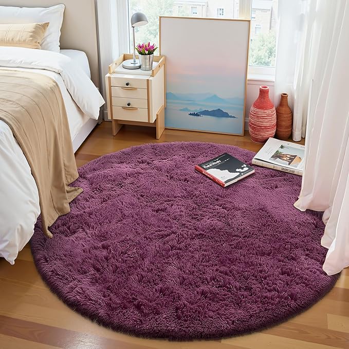 OLANLY Burgundy Round Rugs for Bedroom - Machine Washable, 5 ft Circle Area Rugs for Living Room, Soft and Fluffy Shaggy Carpet for Teen Girls and Boys, Nursery Rooms, Dorms, Home Decor Aesthetic