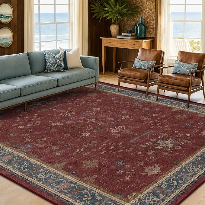 6x9 Dining Room Rugs for Under Table - Vintage Burgundy Boho Living Room Rug, Lightweight Washable Foldable Low Pile Carpet,Southwestern Bed Room Décor Aesthetic