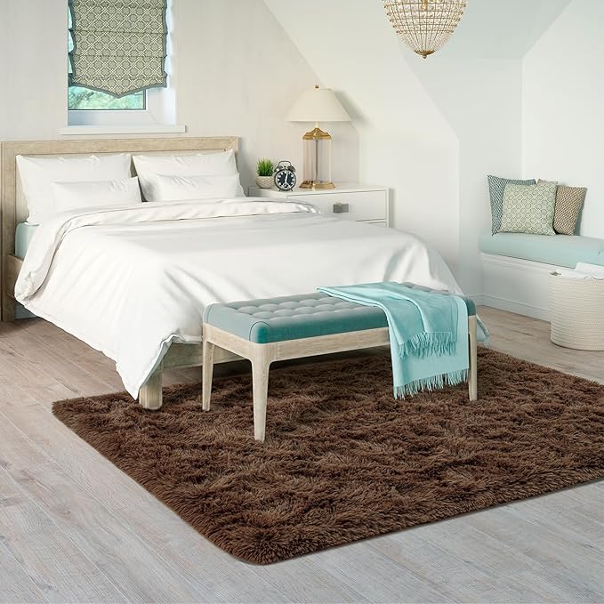 Goideal Fluffy Rug for Bedroom Living Room, 4x6 Brown Area Rugs, Faux Fur Shag Modern Carpet Ultra Soft Girls Boys Room Home Decor, Solid