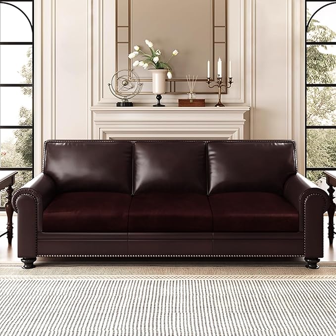 Leather Look Couch Cushion Covers Sofa Seat Slipcovers Sets Couches Furniture Protector for Sectional Armchair Loveseat Pets Kids Stretch Spandex Fabric (3 Cushion Sofa, Burgundy)