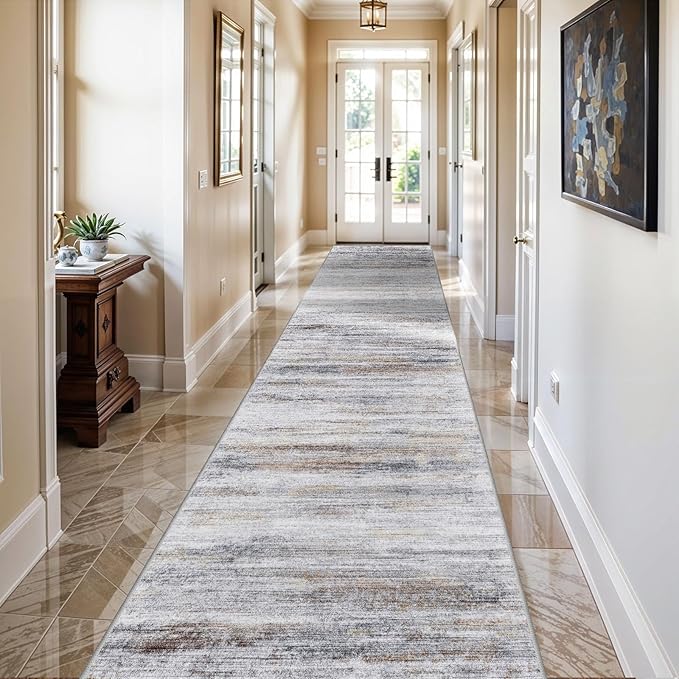 3x20 Washable Hallway Runner Rug: Extra Long Runners for Entryway Living Room Dining Room - Stain and Water Resistant Rugs with Non-Slip Backing - Soft Low-Pile Carpet 20ft Beige Grey
