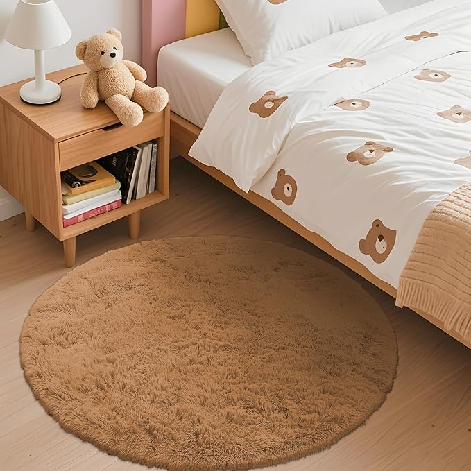 OLANLY Khaki Round Rugs for Bedroom - Machine Washable, 3 ft Circle Area Rugs for Living Room, Soft and Fluffy Shaggy Carpet for Teen Girl and Boys, Nursery Rooms, Dorms, Home Decor Aesthetic