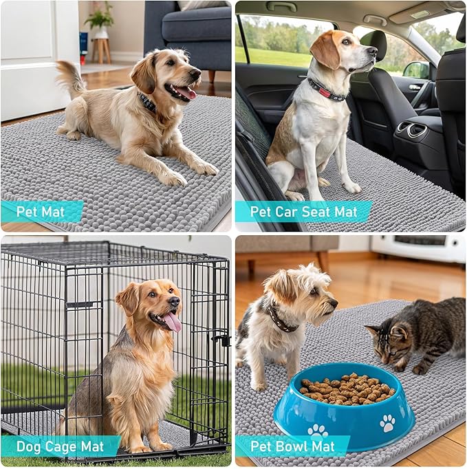 OLANLY Dog Door Mat for Muddy Paws 35x24, Absorbs Moisture and Dirt, Absorbent Non-Slip Washable Doormat, Quick Dry Chenille Mud Mat for Dogs, Entry Indoor Entryway Carpet for Inside Floor, Light Grey