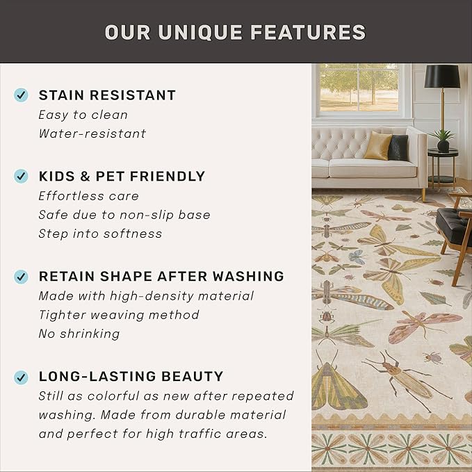 Hazo Haus Boho 2x5 Long Bathroom Rug - Laundry Room Rug Runner for Kitchen, Washable Non Slip Soft Stain Reistant Beige and Yellow Neutral Insect Design Decor