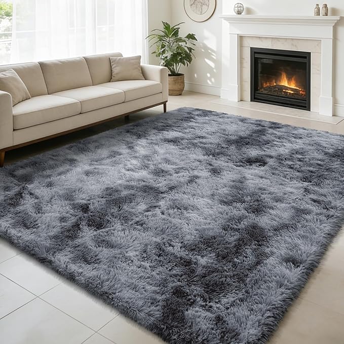 6x9 Fluffy Area Rug for Living Room,Shag Area Rugs for Bedroom,Tie-Dyed Black Soft Fuzzy Rug Non-Shedding Indoor Plush Carpet for Kids Bedroom Nursery Dorm Home Decor
