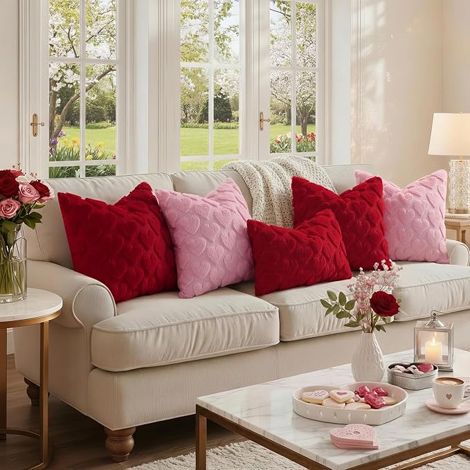 decorUhome Valentine’s Day Soft Plush Throw Pillow Covers 16x16 Inch Set of 2, Faux Fur Red Heart Decoration Neutral Square Pillow Covers for Couch Sofa Bed Cozy Farmhouse Holiday Decor