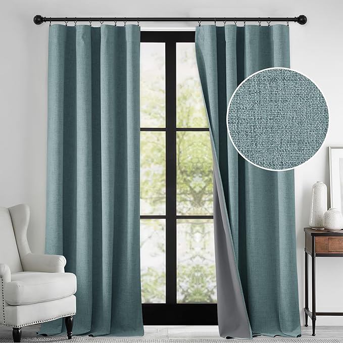 RYB HOME 100% Blackout Linen Textured Curtains 96 inches Long, Thermal Insulating Privacy Energy Saving for Bedroom Living Room Window Office Theater Baby Nursery, W 52 x L 96 in, Misty Blue, 2 Pcs