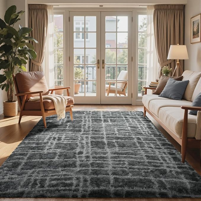 5x7 Ft Large Shag Rugs for Bedroom Living Room, Tie Dyed Ultra Soft Fluffy Furry Area Rug for Indoor Floor, Aesthetic Carpet for Home Decor (Grey)