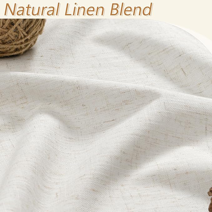Beige White 100% Blackout Linen Curtains 90 Inch Length 2 Panels Set for Living Room Bedroom Back Tab Thermal Insulated Black Out Drapes Room Darkening Farmhouse Style for Bedroom Window Curtains