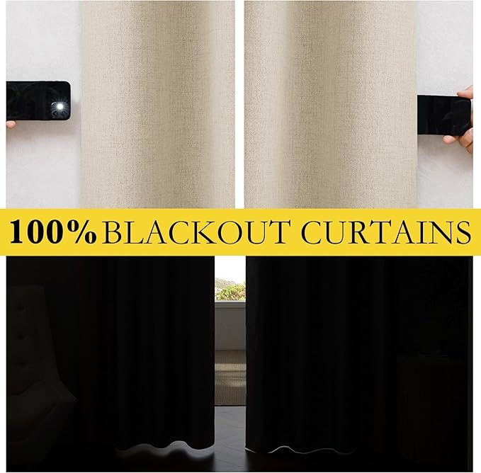 NICETOWN Cream Thick Linen Blend 100% Blackout Curtains 63" Long 2 Panels Set for Bedroom, 42" Wide, Rustic Grommet Thermal Insulated Flax Textured Full Blackout Window Draperies with Grey Liners