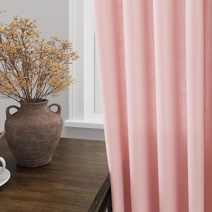 Pink Curtains 63 Inches Long 2 Panel Sets for Baby Girl Bedroom Light Filtering Linen Drapes for Kitchen Windows Rod Pocket Back Tab Short See Through Curtain Home Decor 52x63