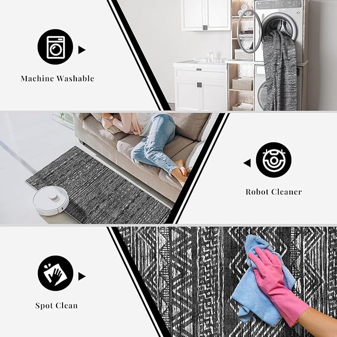 3x18 Washable Kitchen Runner Rug: Modern Moroccan Runners for Hallway Soft Non Slip Rugs with Rubber Backing Low Pile Thin Waterproof Floor Carpet for Entryway Bedroom Bathroom Indoor 3x18 Black