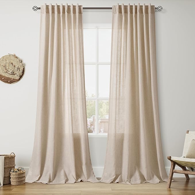 Nanspring Grey Flax Curtains 96 Inch Length 2 Panels Set for Living Room Linen Blend Light Filtering Mordern Boho Sheer Curtain Back Tab and Rod Pocket Privacy Drapes for Bedroom Office 52x96