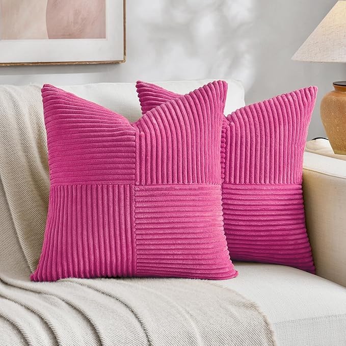 Fancy Homi 2 Packs Hot Pink Euro Decorative Throw Pillow Covers 26x26 Inch for Couch Bed Sofa, Rustic Farmhouse Boho Home Decor, Soft Corss Corduroy Patchwork Textured Square Cushion Case 66x66 cm