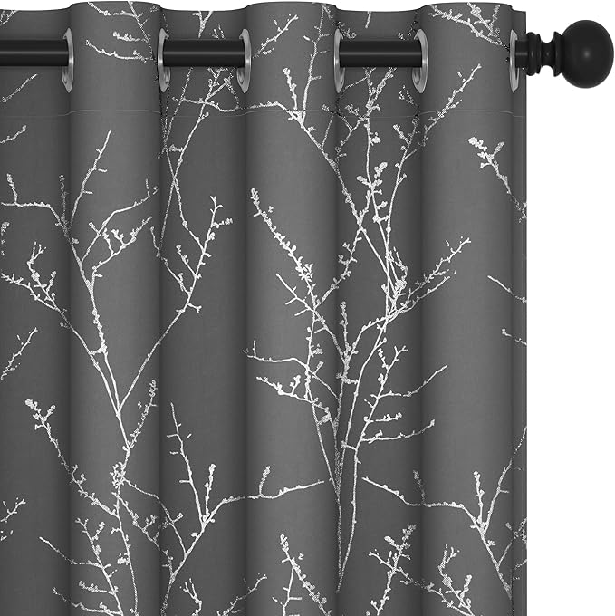 Deconovo Blackout Curtains 95 Inches Long, Light Gray Drapes for Living Room, Branch Silver Print, Soundproof Thermal Insulated Privacy Window Curtain for Bedroom Nursery, Set of 2, Machine Washable