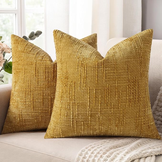 decorUhome Summer Mustard Yellow Chenille Euro Sham Throw Pillow Covers 24x24 Set of 2 Textured Cozy Slubby Couch Pillow Covers Modern Farmhouse Boho Decorative Pillow Cases for Bed Sofa Living Room