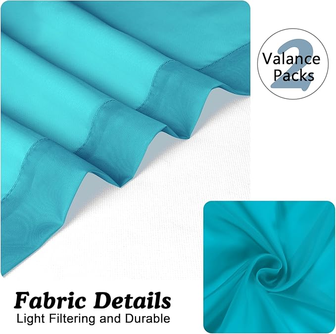 Chyhomenyc Sheer Valances for Windows 2 Pieces, 42Wx14L Inches Small Valance for Living Room Bedroom Study Laundry Basement, Rod Pocket Voile Valance, Turquoise