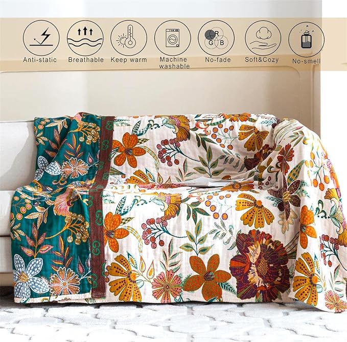 MSGKV Spring Throw Blanket for Couch, 100% Cotton Muslin Breathable Woven Bed Throws 60''x80'' Boho Vintage Quilt for All Seasons Lightweight Farmhouse Blankets Home Decoration